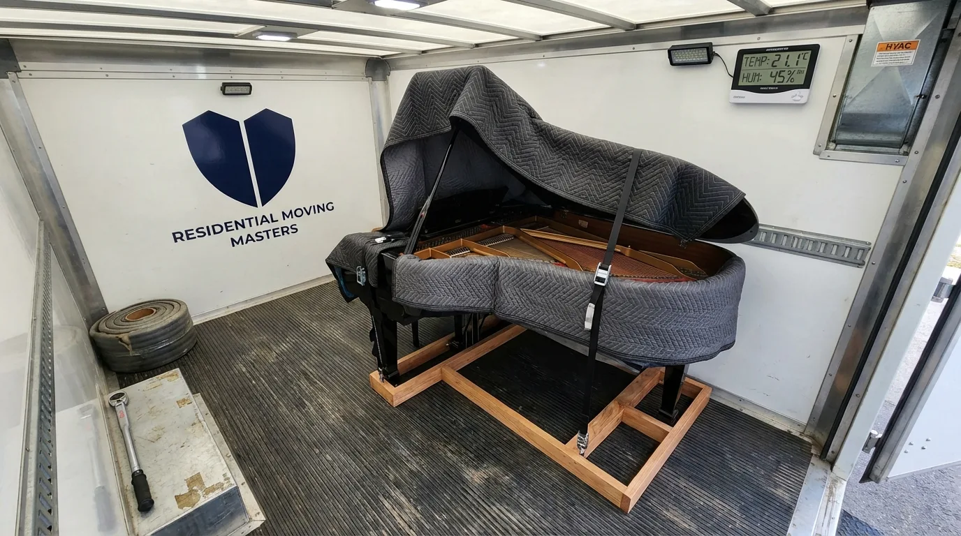 Grand piano secured on padded boards inside climate-controlled truck