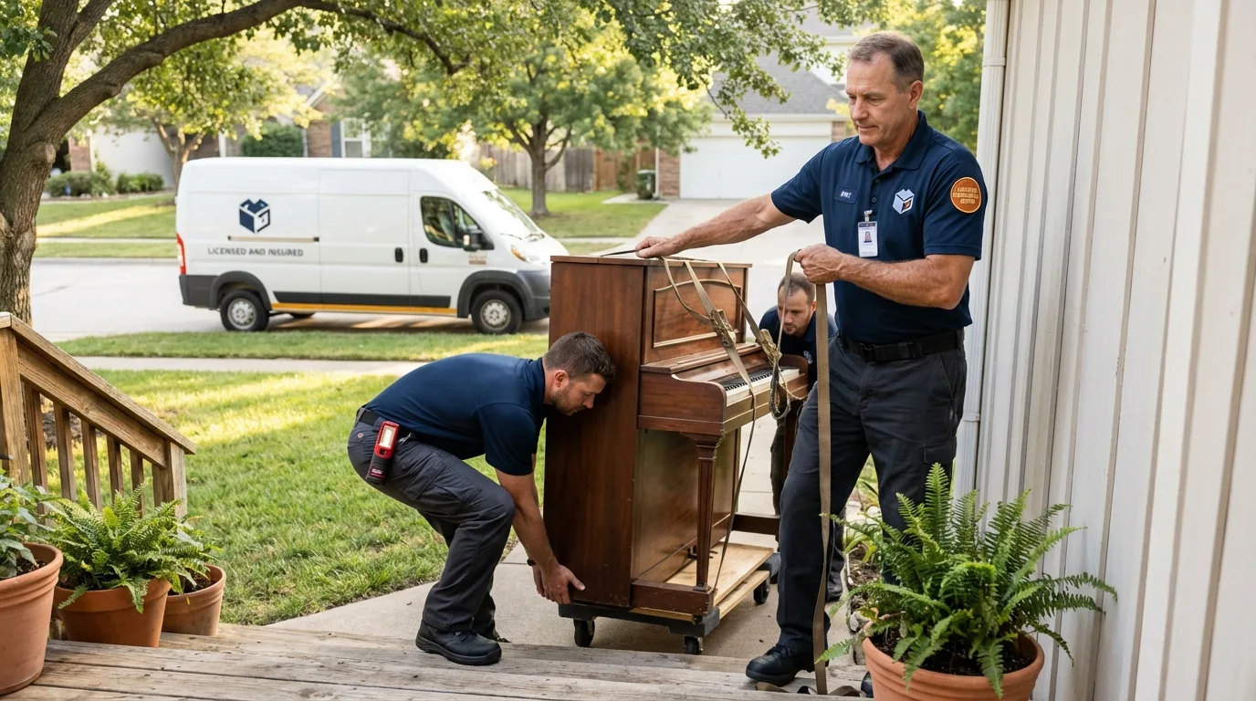 Licensed piano movers securing grand piano in Shrub Oak, NY