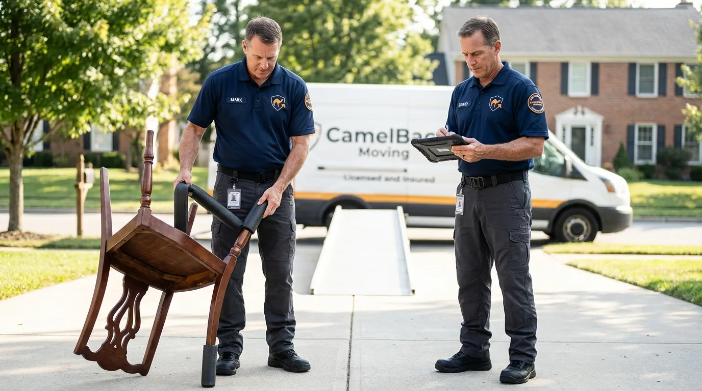 Movers inspecting furniture for damage prevention before loading in Shrub Oak, NY